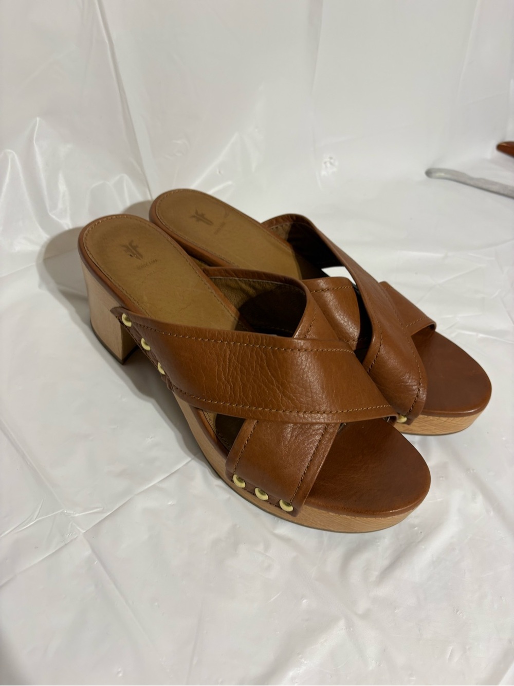 Frye Cognac Brown Leather Crossover Mule Heels